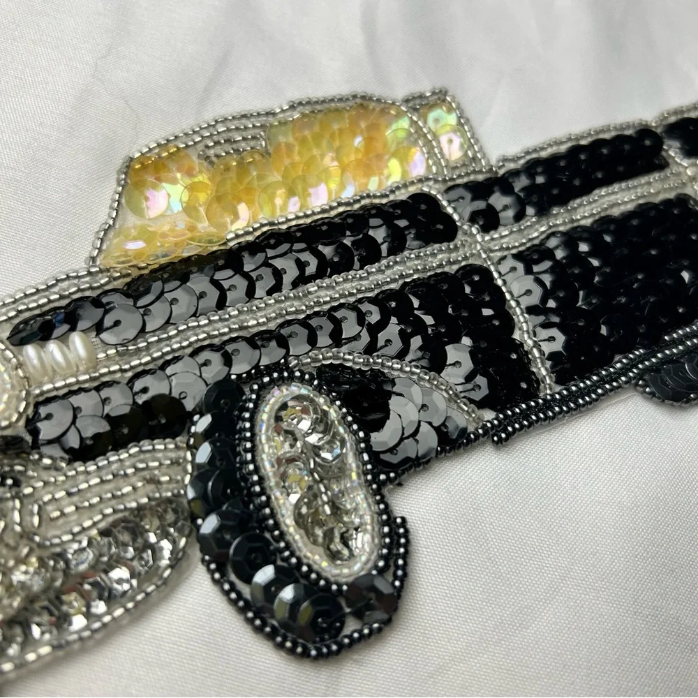 Vintage sequins black Chevy appliqué patch with beads New